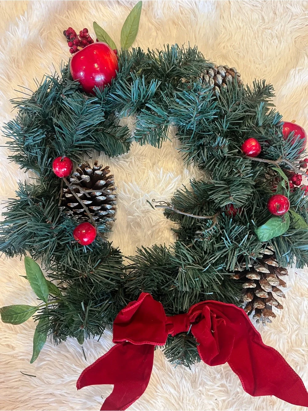 Holiday Pine and Berry Wreath with Red Bow